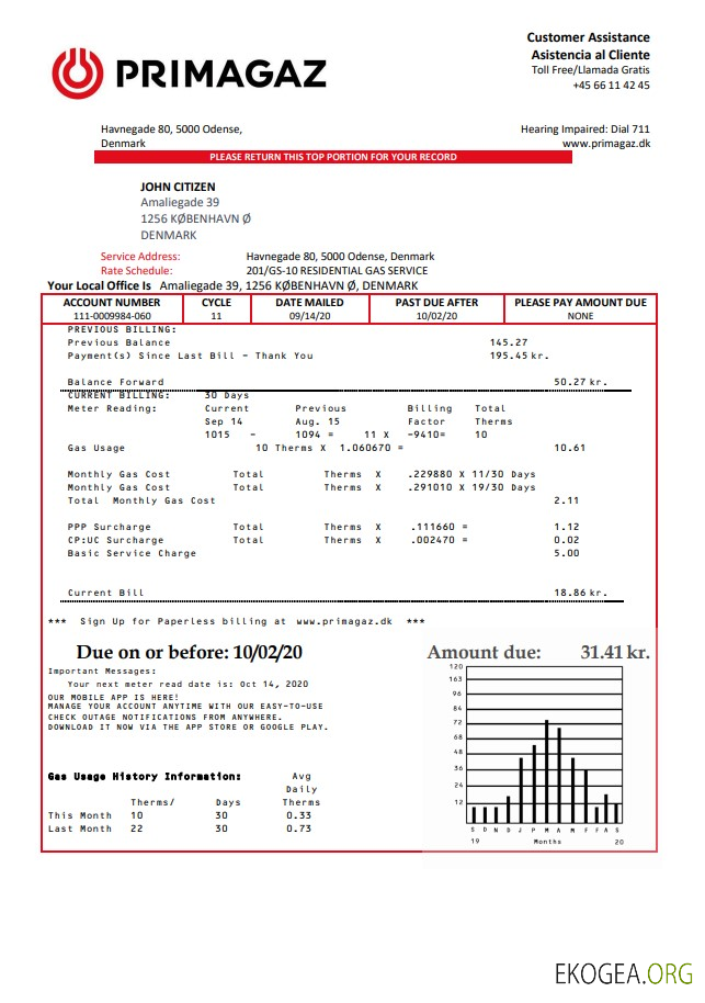 Denmark Primagaz Denmark gas utility bill template in Word and PDF format